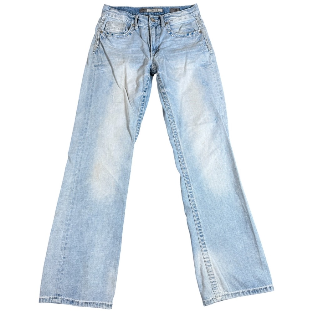 BKE Buckle Jake 30x33 Straight Distressed‎ Blue Denim Blue Stitch Jeans PATCHED
